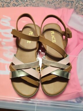 Childrens Place sandals with pink, gold, tan straps